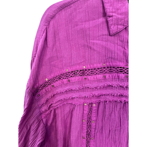 Free People Summer Stars Button Down Pink Boho Shirt Size Small Cotton Crochet - Picture 5 of 7